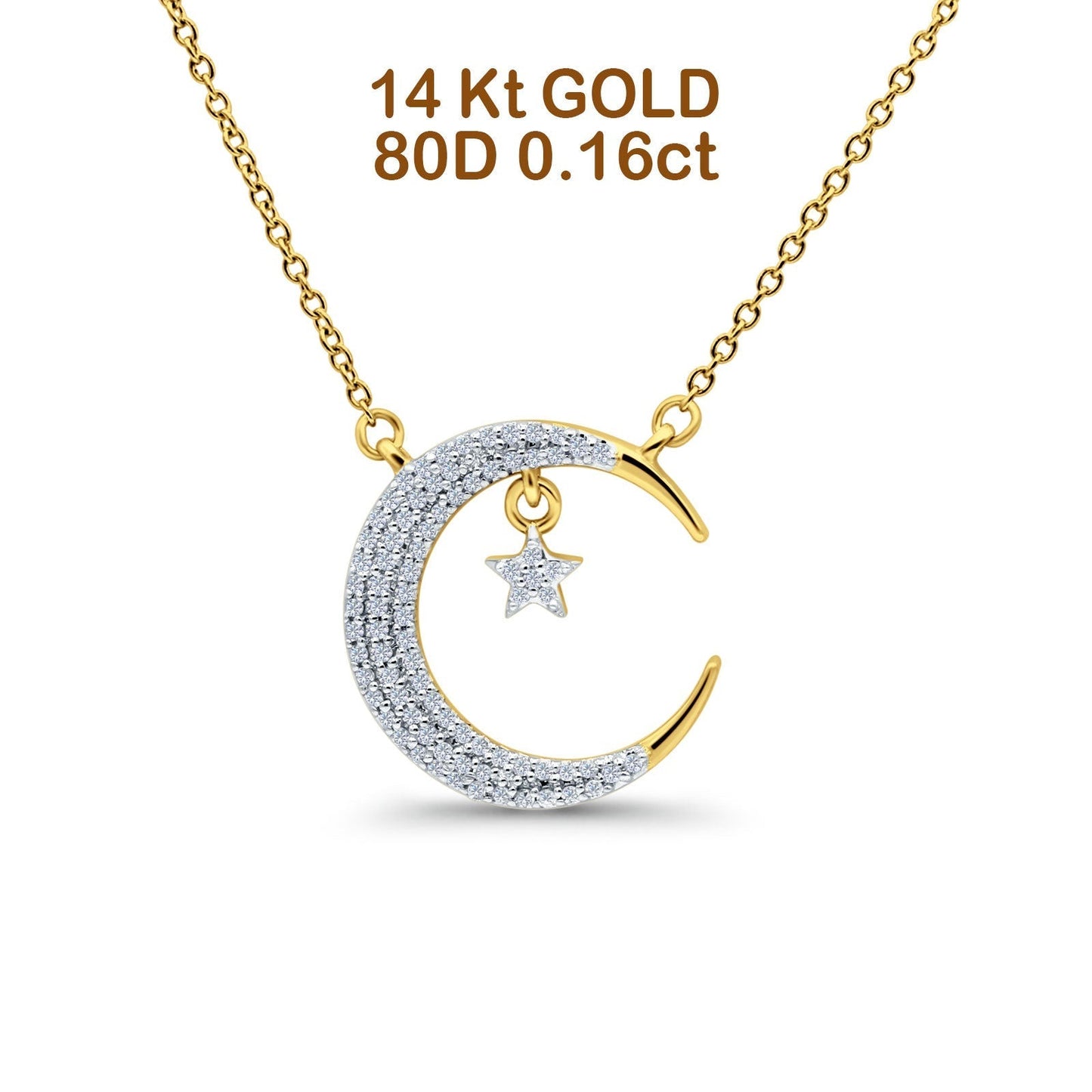 14K Yellow Gold 0.16ct Round Shape Diamond Crescent Moon Pendant Chain Necklace 18" Long