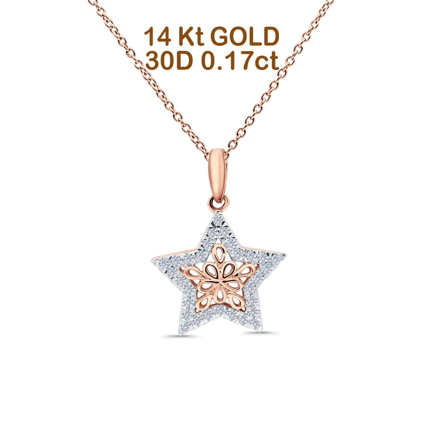 14K Rose Gold 0.17ct Round Shape Diamond Filigree Star Pendant Chain Necklace 18" Long