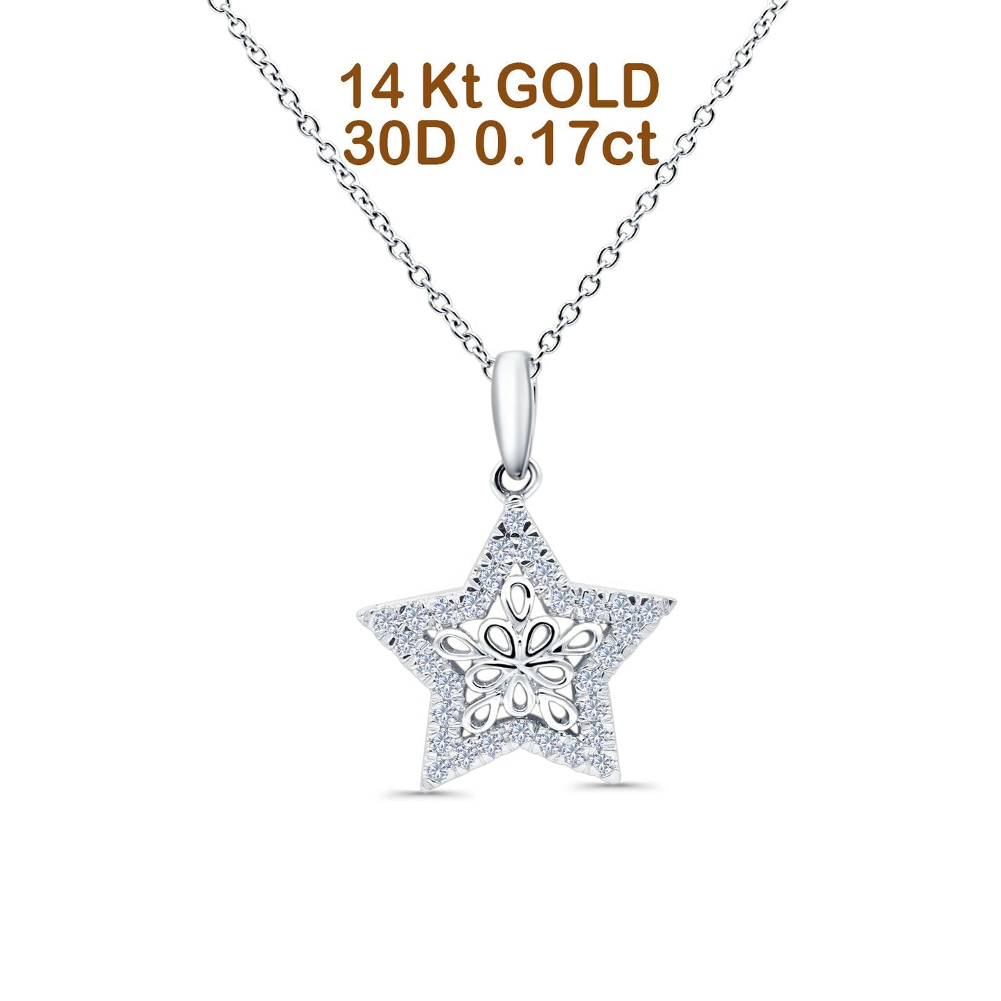 14K White Gold 0.17ct Round Shape Diamond Filigree Star Pendant Chain Necklace 18" Long