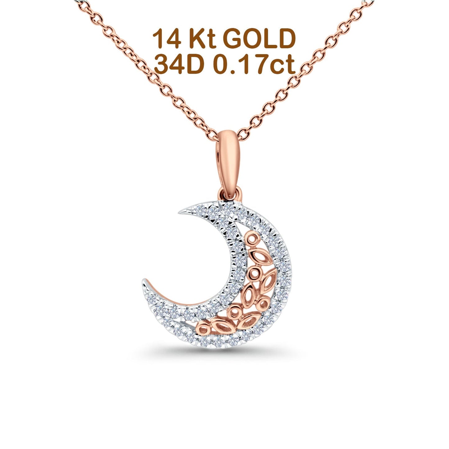 14K Rose Gold 0.17ct Round Shape Diamond Crescent Moon Pendant Chain Necklace 18" Long