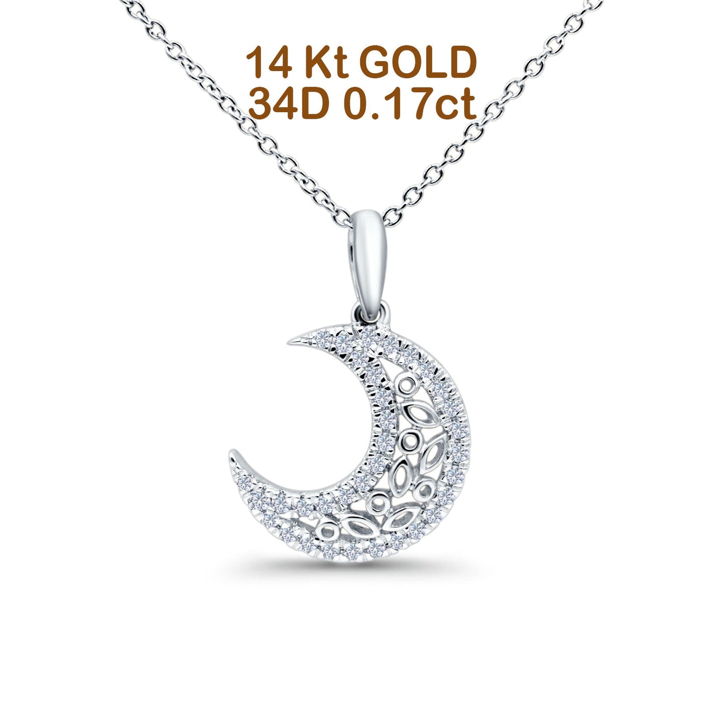 14K White Gold 0.17ct Round Shape Diamond Crescent Moon Pendant Chain Necklace 18" Long