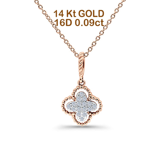 14K Rose Gold 0.09ct Round Shape Diamond Antique Flower Pendant Chain Necklace 18" Long