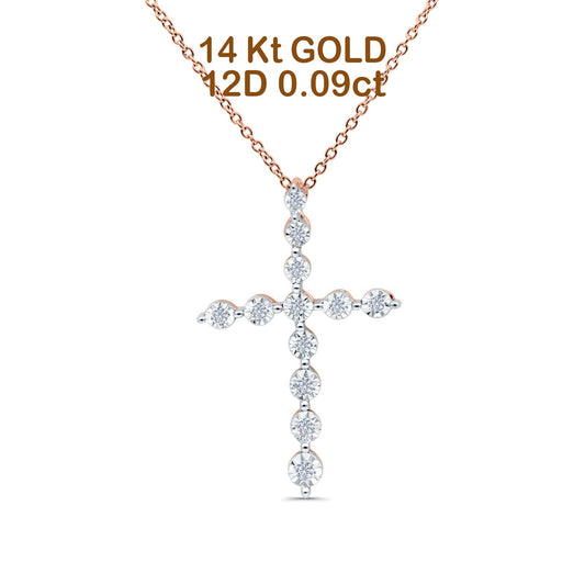 14K Rose Gold 0.09ct Round Shape Diamond Cross Pendant Chain Necklace 18" Long