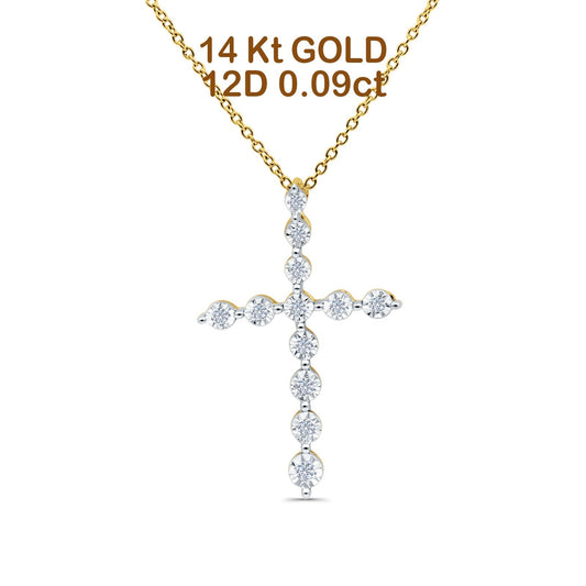 14K Yellow Gold 0.09ct Round Shape Diamond Cross Pendant Chain Necklace 18" Long