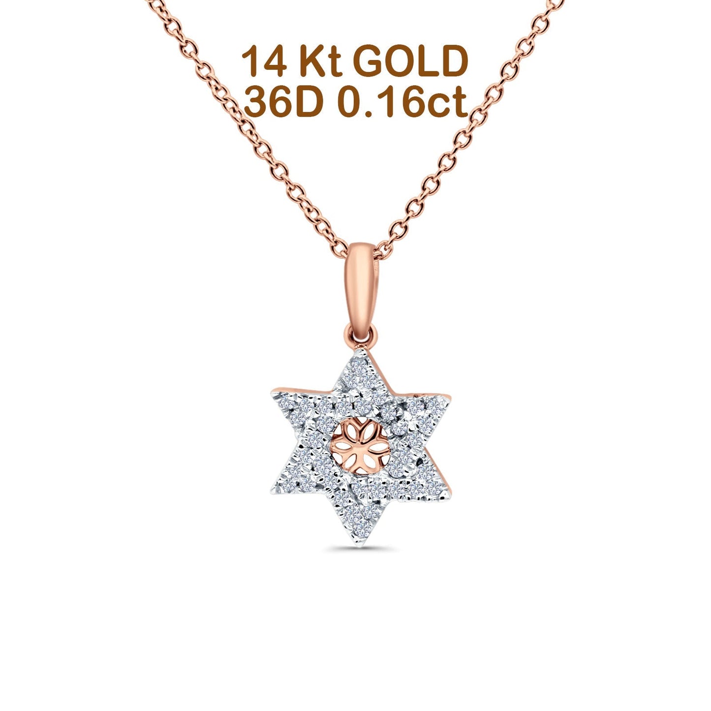 14K Rose Gold 0.16ct Round Shape Diamond Jewish Star Of David Pendant Chain Necklace 18" Long