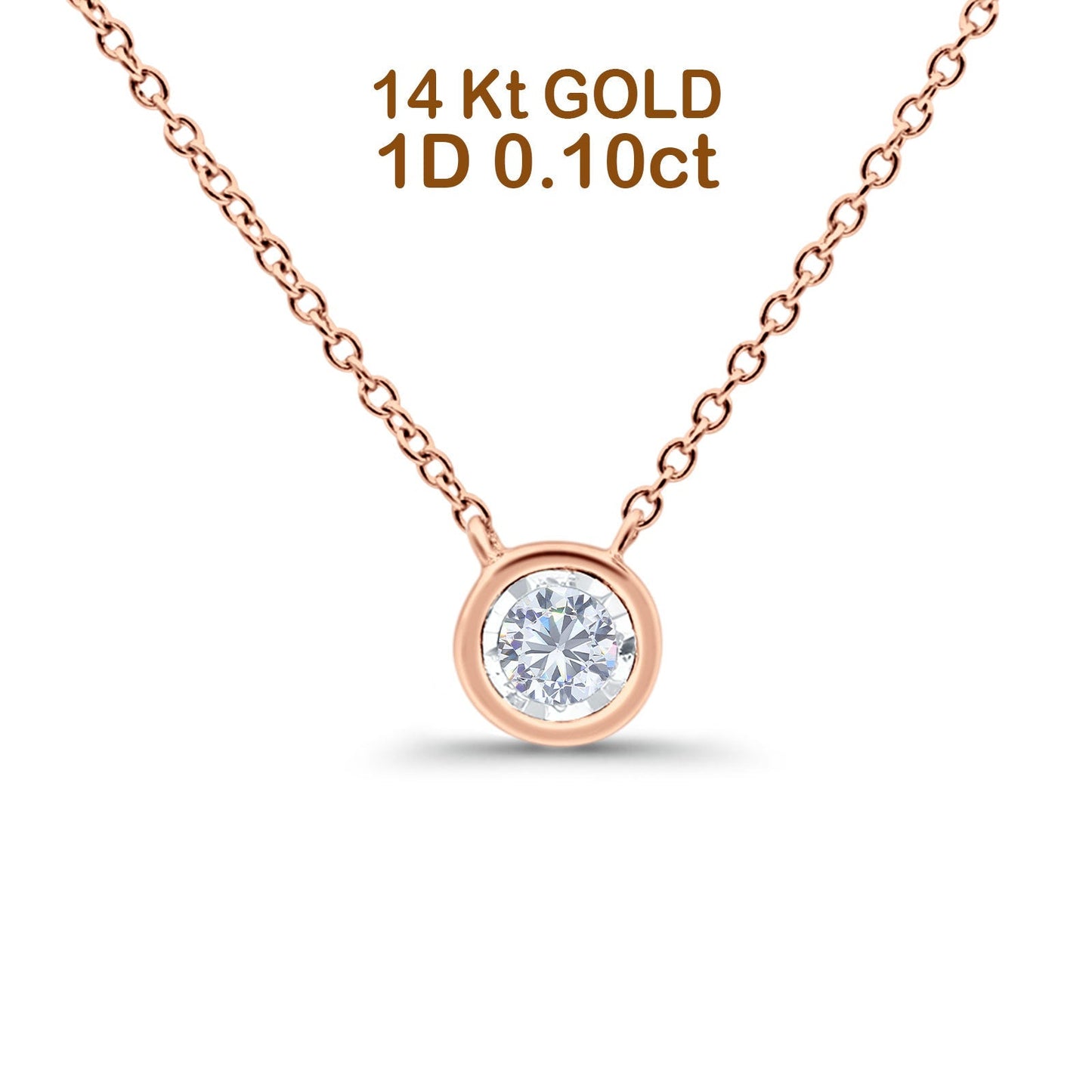 14K Rose Gold 0.10ct Round Shape Diamond Solitaire Bezel Pendant Chain Necklace 18" Long