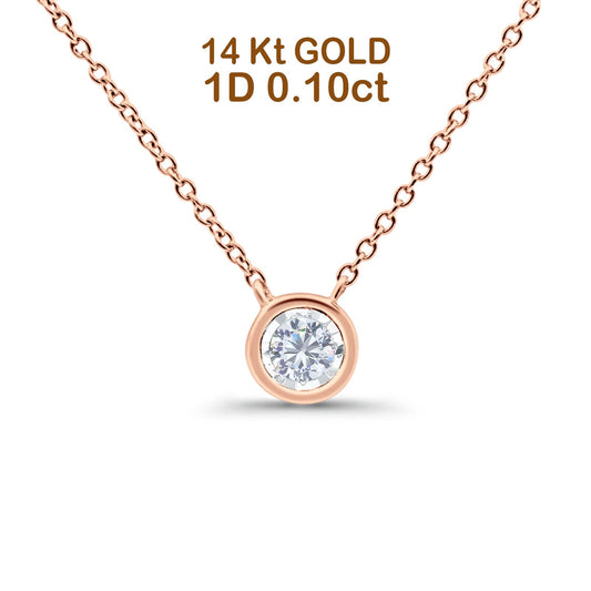 14K Rose Gold 0.10ct Round Shape Diamond Solitaire Bezel Pendant Chain Necklace 18" Long