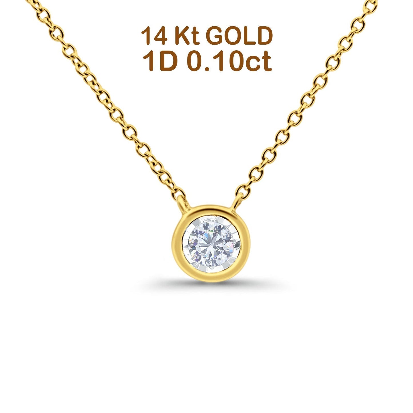 14K Yellow Gold 0.10ct Round Shape Diamond Solitaire Bezel Pendant Chain Necklace 18" Long