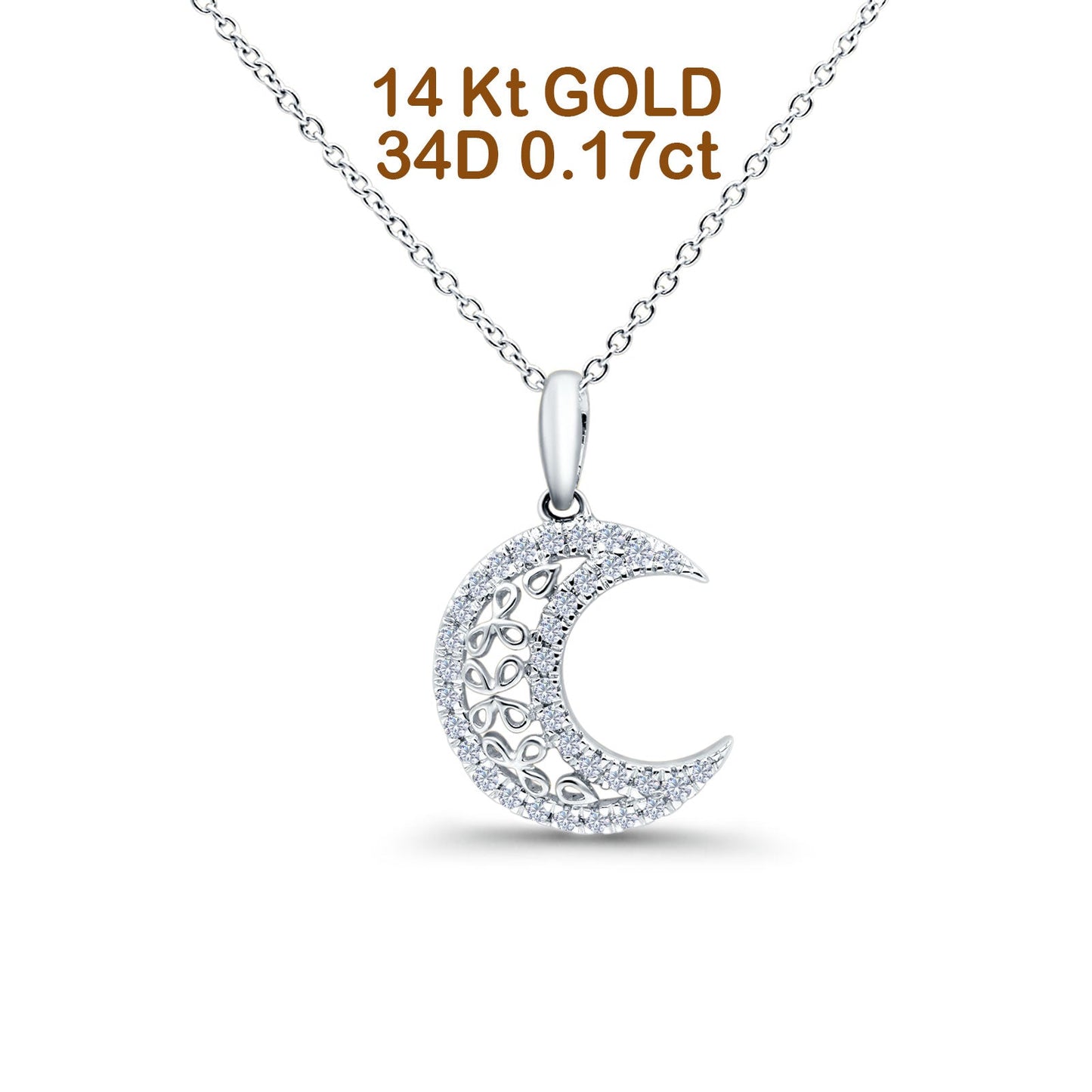 14K White Gold 0.17ct Round Shape Diamond Celestial Pendant Chain Necklace 18" Long