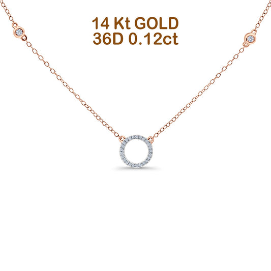 14K Rose Gold 0.12ct Round Shape Diamond Trendy Circle Pendant Chain Necklace 18" Long