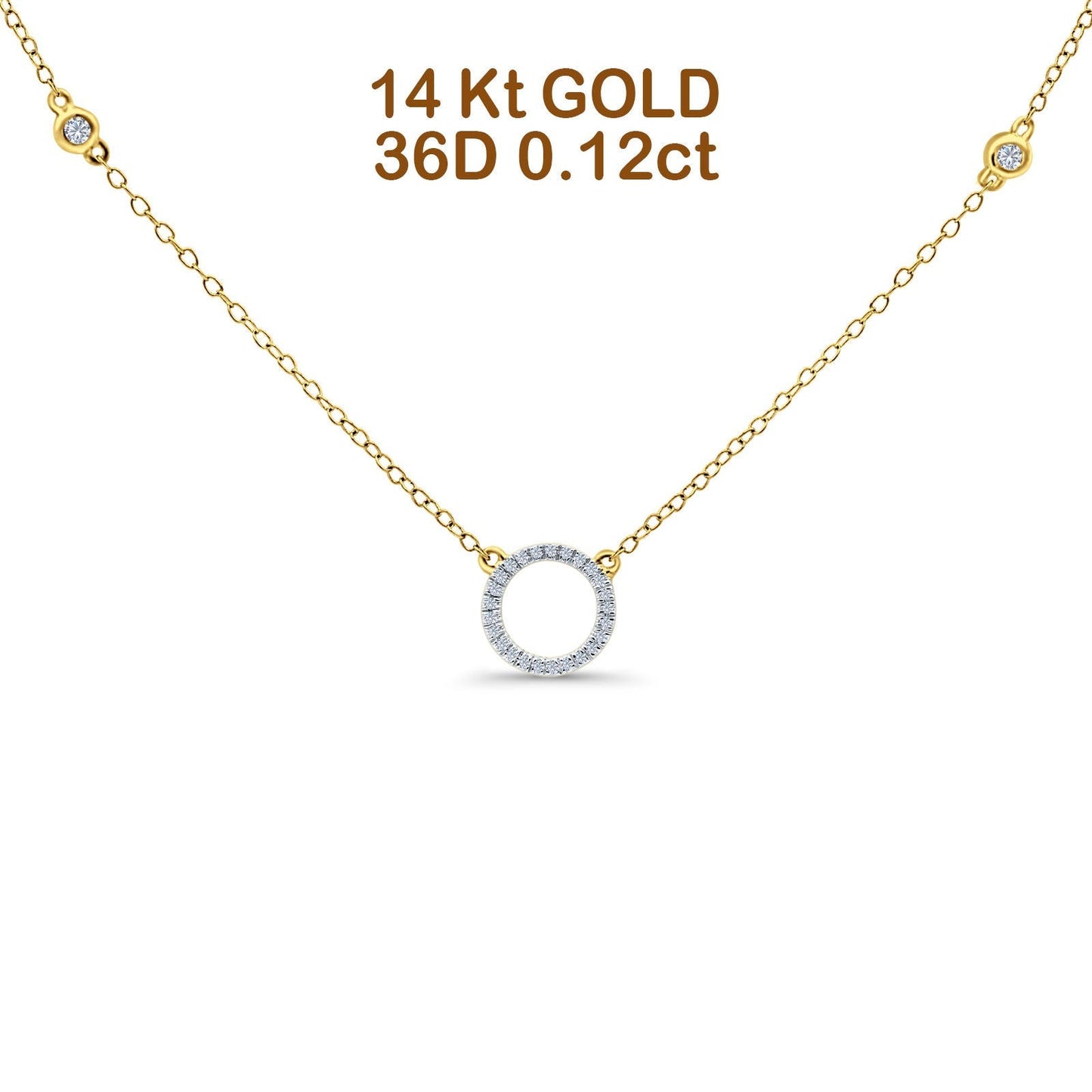 14K Yellow Gold 0.12ct Round Shape Diamond Trendy Circle Pendant Chain Necklace 18" Long