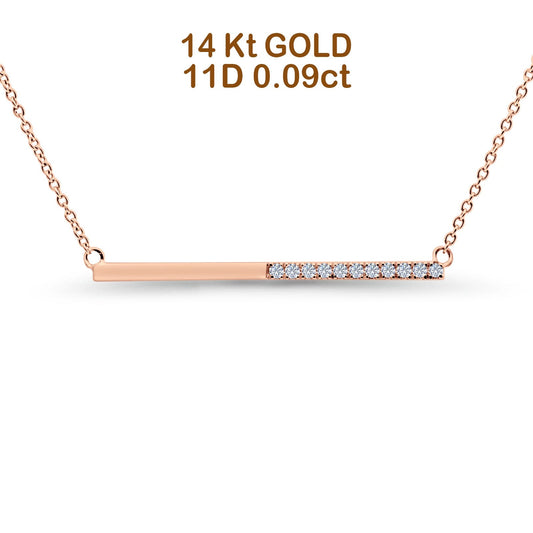 14K Rose Gold 0.09ct Round Shape Diamond Bar Pendant Chain Necklace 18" Long