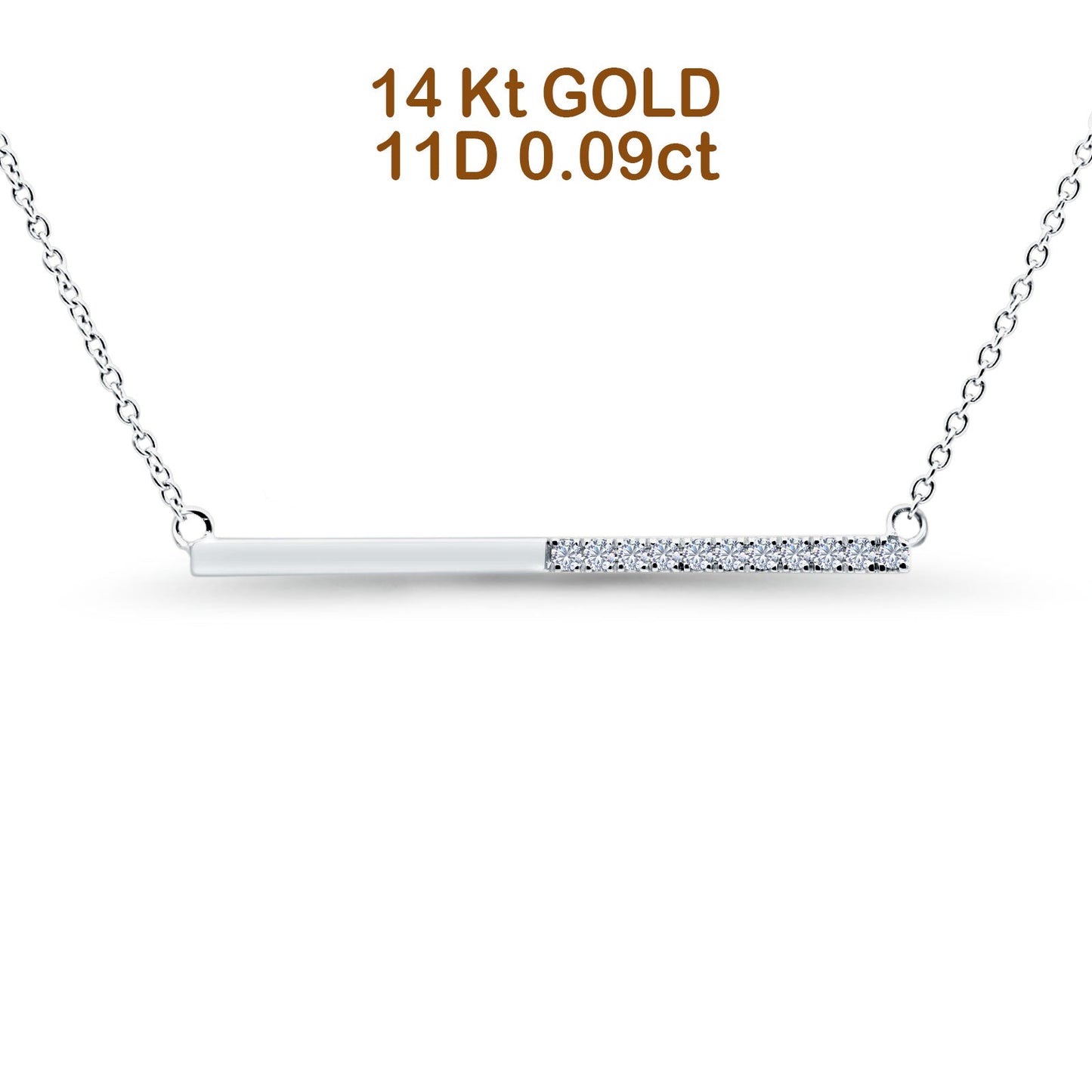 14K White Gold 0.09ct Round Shape Diamond Bar Pendant Chain Necklace 18" Long