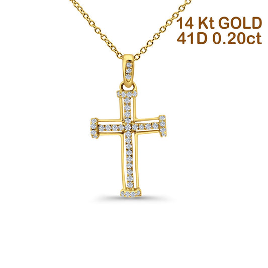 14K Yellow Gold 0.20ct Round Shape Diamond Cross Pendant Chain Necklace 18" Long