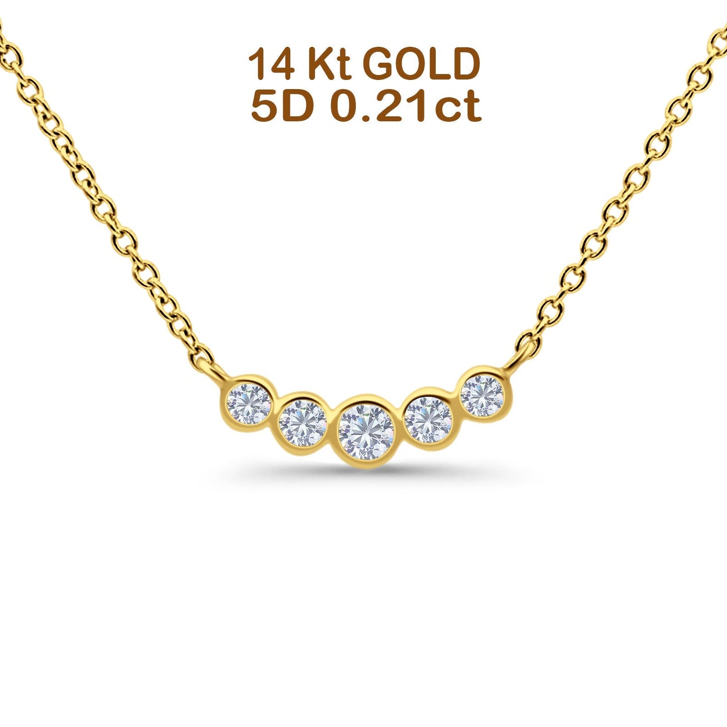 14K Yellow Gold 0.21ct Round Shape Diamond Five Stone Pendant Chain Necklace 18" Long