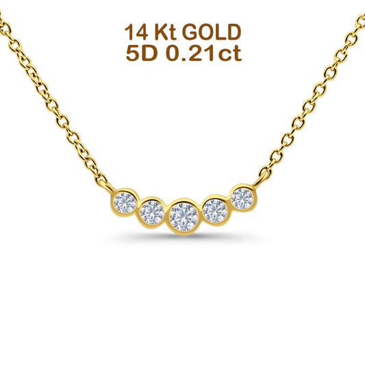 14K Yellow Gold 0.21ct Round Shape Diamond Five Stone Pendant Chain Necklace 18" Long