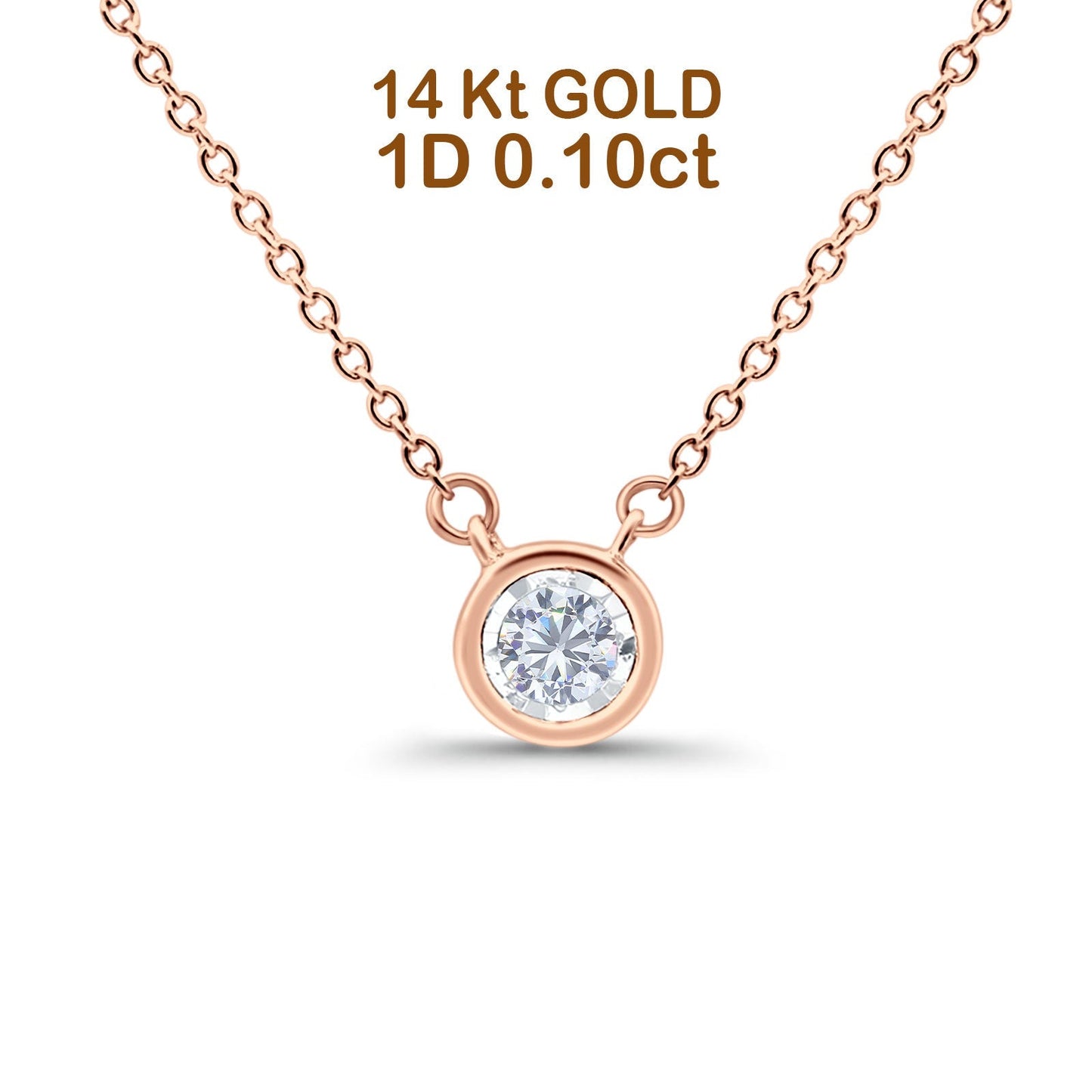 14K Rose Gold 0.10ct Round Shape Diamond Bezel Solitaire Pendant Chain Necklace 18" Long