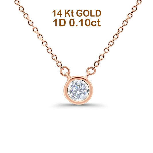 14K Rose Gold 0.10ct Round Shape Diamond Bezel Solitaire Pendant Chain Necklace 18" Long