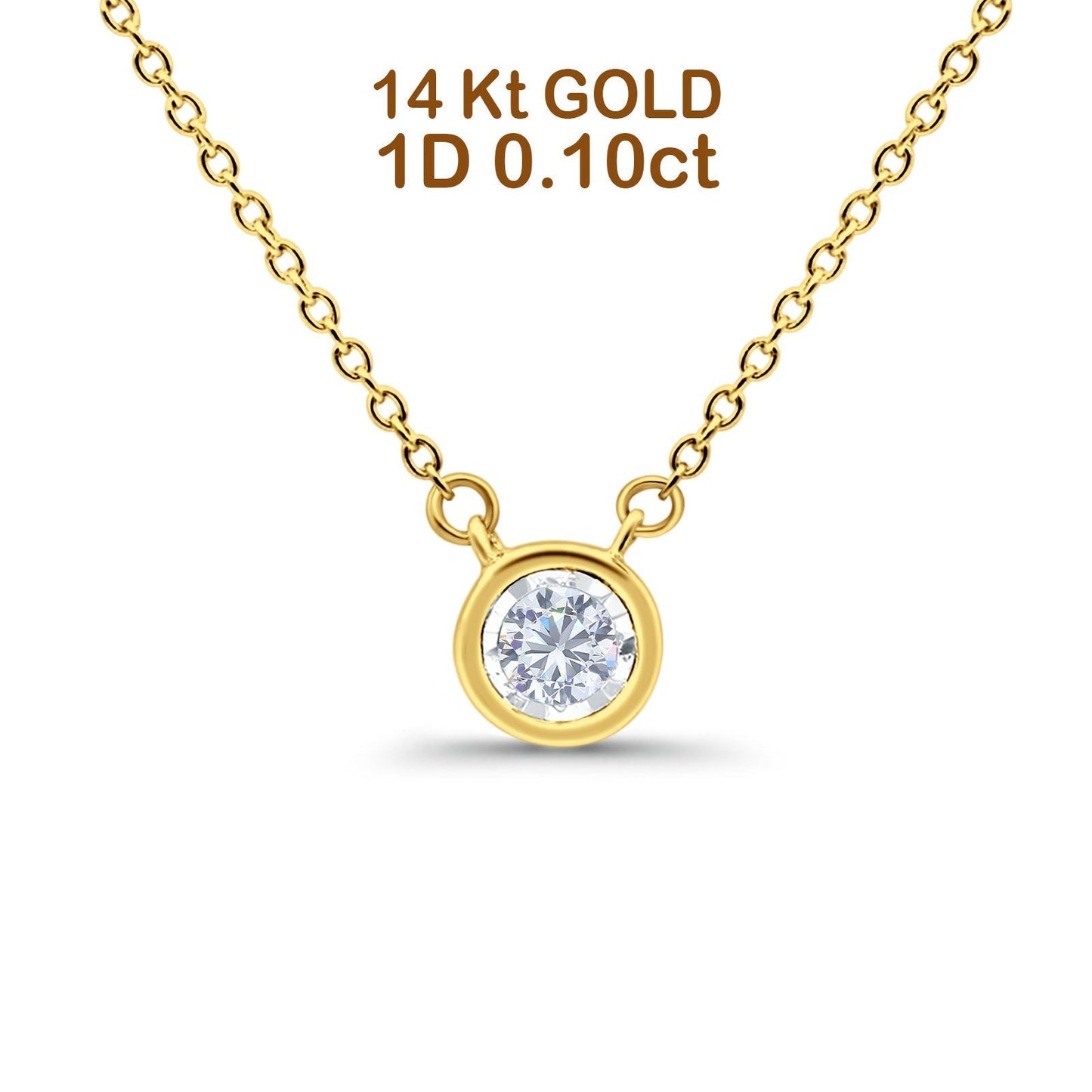 14K Yellow Gold 0.10ct Round Shape Diamond Bezel Solitaire Pendant Chain Necklace 18" Long