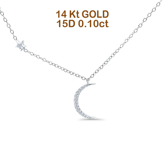 14K White Gold 0.10ct Round Shape Diamond Star Crescent Moon Trendy Pendant Chain Necklace 18" Long