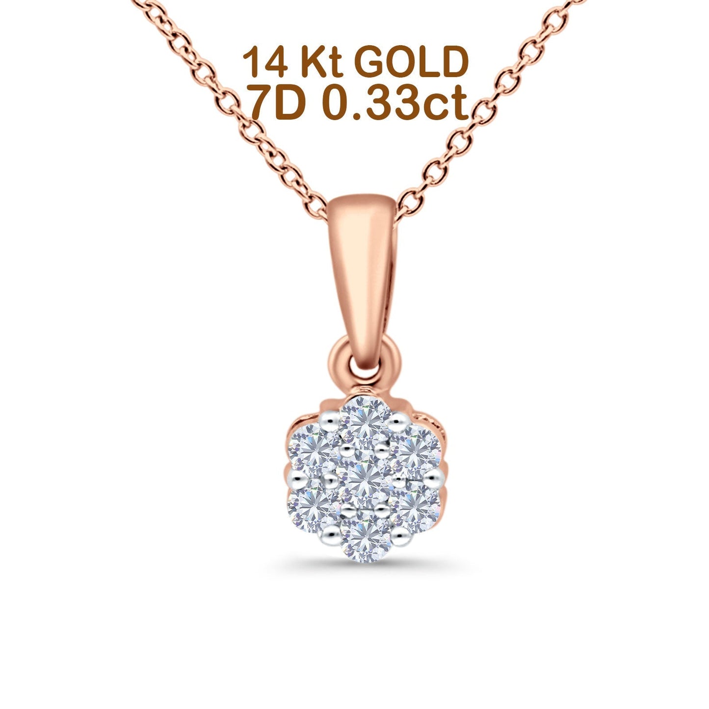 14K Rose Gold 0.33ct Round Shape Diamond Solitaire Pendant Chain Necklace 18" Long