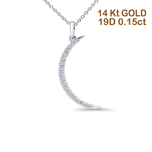 14K White Gold 0.15ct Round Shape Diamond Crescent Moon Pendant Chain Necklace 18" Long