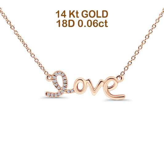 14K Rose Gold 0.06ct Round Shape Diamond Heart Love Script Pendant Chain Necklace 18" Long