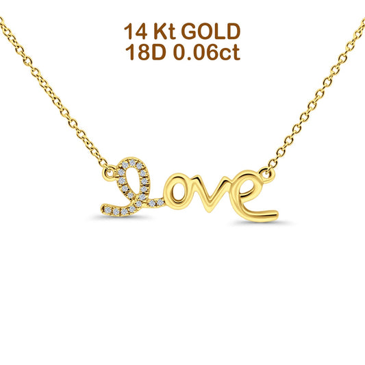 14K Yellow Gold 0.06ct Round Shape Diamond Heart Love Script Pendant Chain Necklace 18" Long