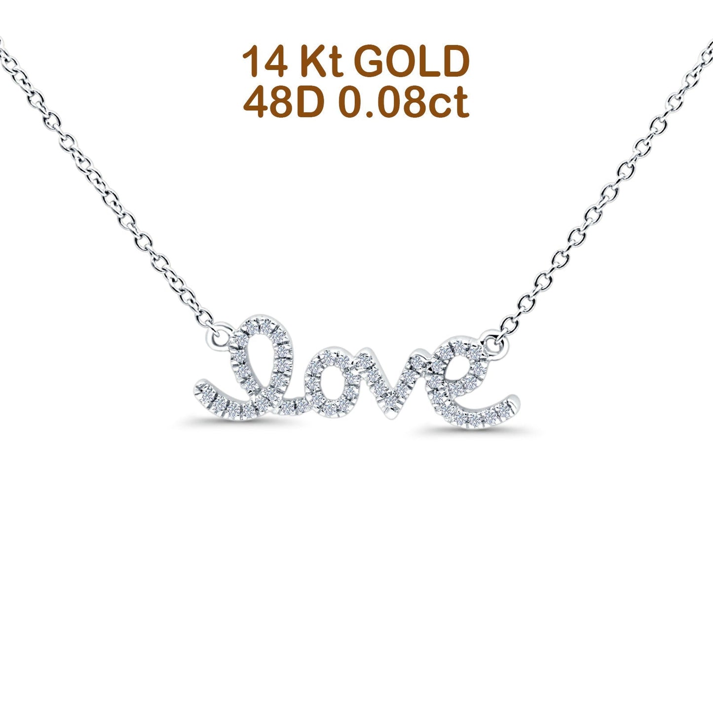 14K White Gold 0.08ct Round Shape Love Script Heart Diamond Pendant Chain Necklace 18" Long