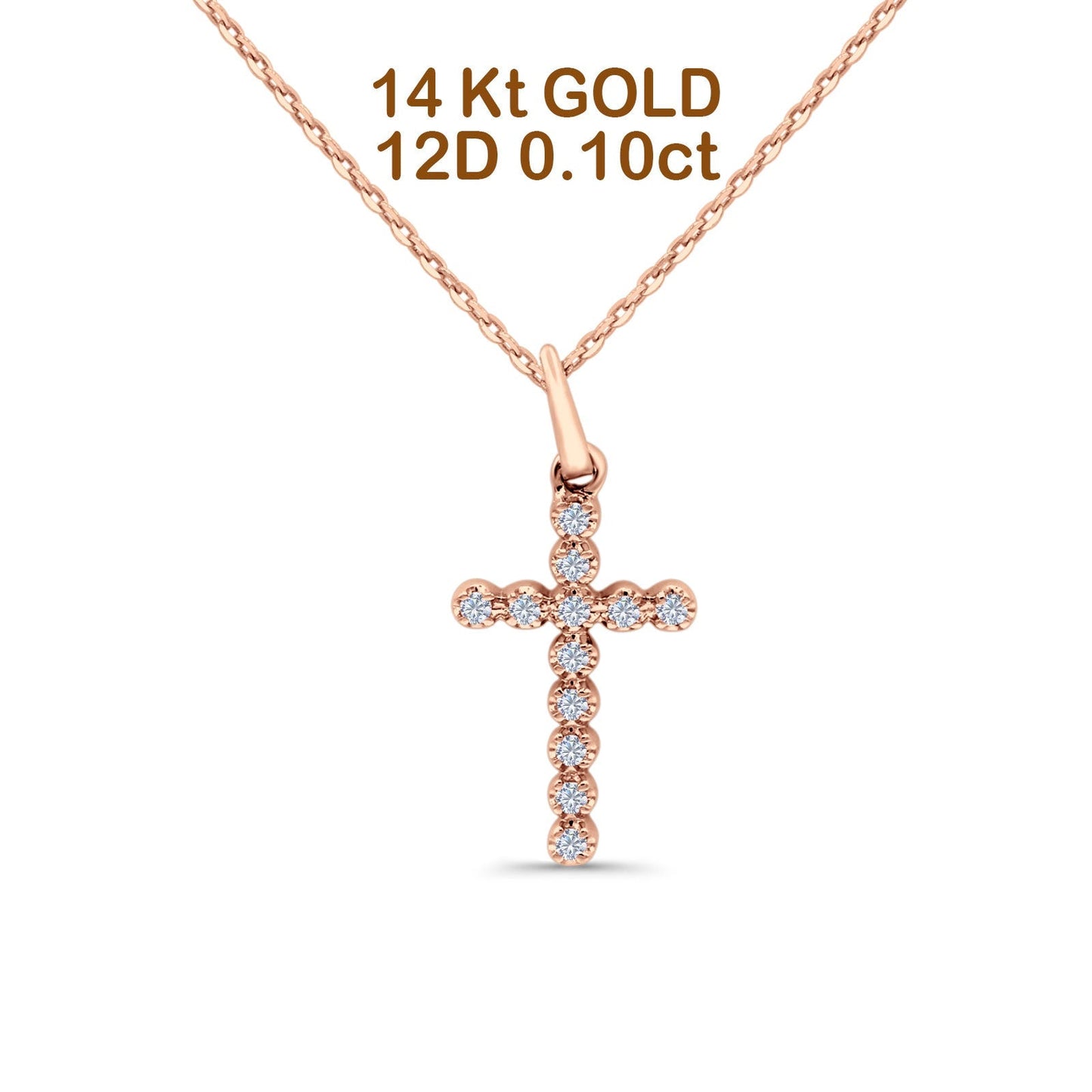 14K Rose Gold 0.10ct Round Shape Diamond Cross Pendant Chain Necklace 18" Long