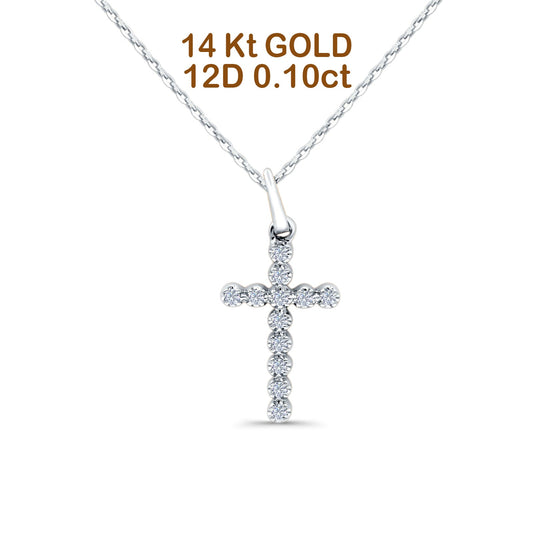 14K White Gold 0.10ct Round Shape Diamond Cross Pendant Chain Necklace 18" Long