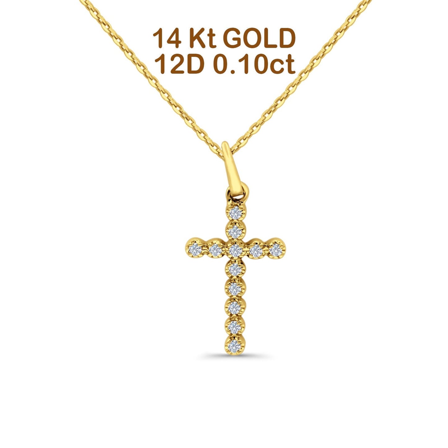 14K Yellow Gold 0.10ct Round Shape Diamond Cross Pendant Chain Necklace 18" Long