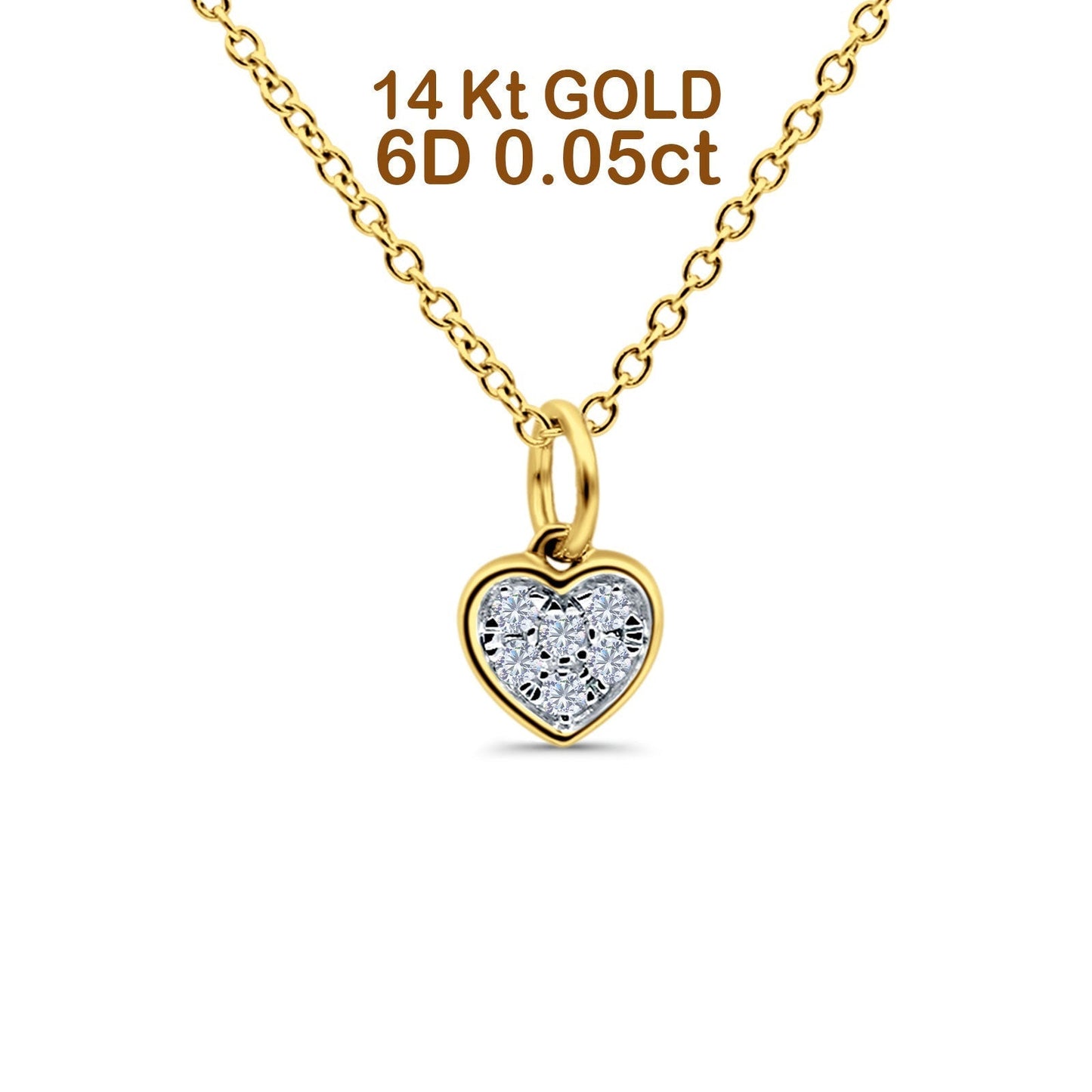 14K Yellow Gold 0.05ct Round Shape Diamond Heart Pendant Chain Necklace 18" Long