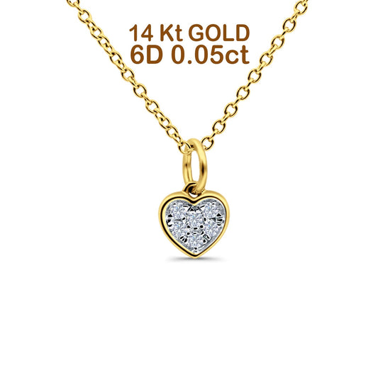 14K Yellow Gold 0.05ct Round Shape Diamond Heart Pendant Chain Necklace 18" Long