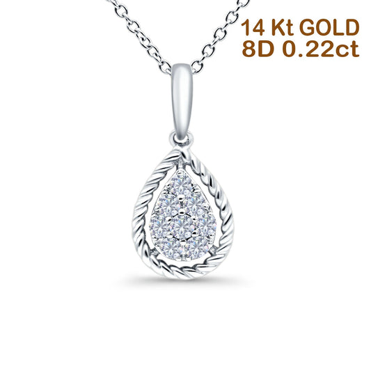 14K White Gold 0.22ct Round Shape Diamond Pendant Chain Necklace 18" Long