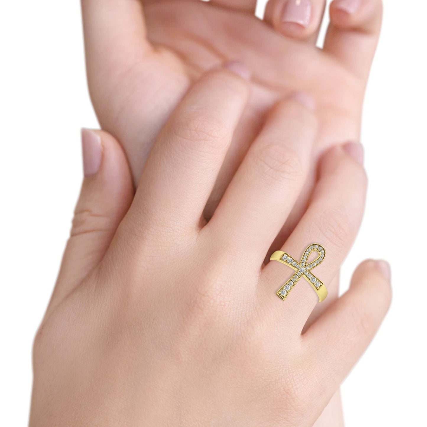 Ankh Cross Eternity Round Natural Diamond Ring 14K Yellow Gold Wholesale