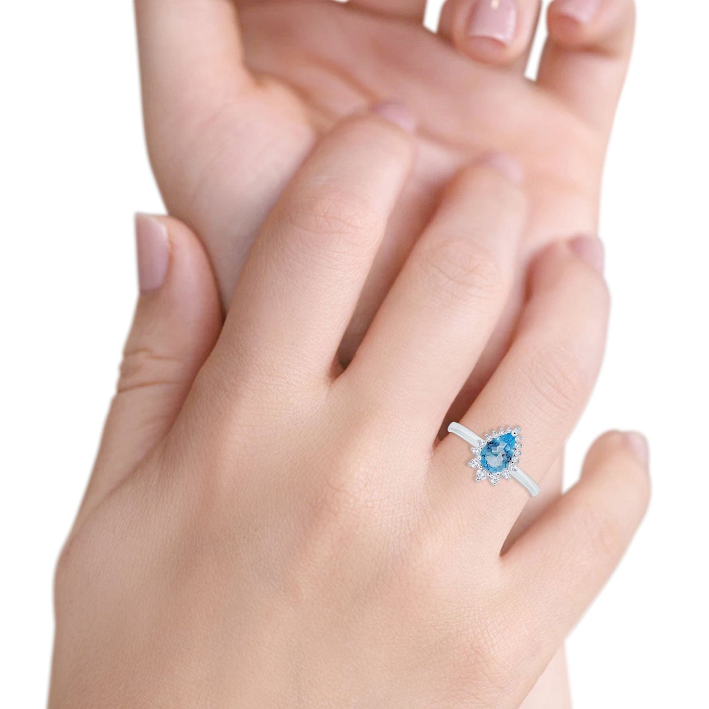 Bague de fiançailles en or blanc 14 carats avec topaze bleue naturelle en forme de poire de 9 mm x 7 mm et 2,00 ct en forme de larme, taille 6,5