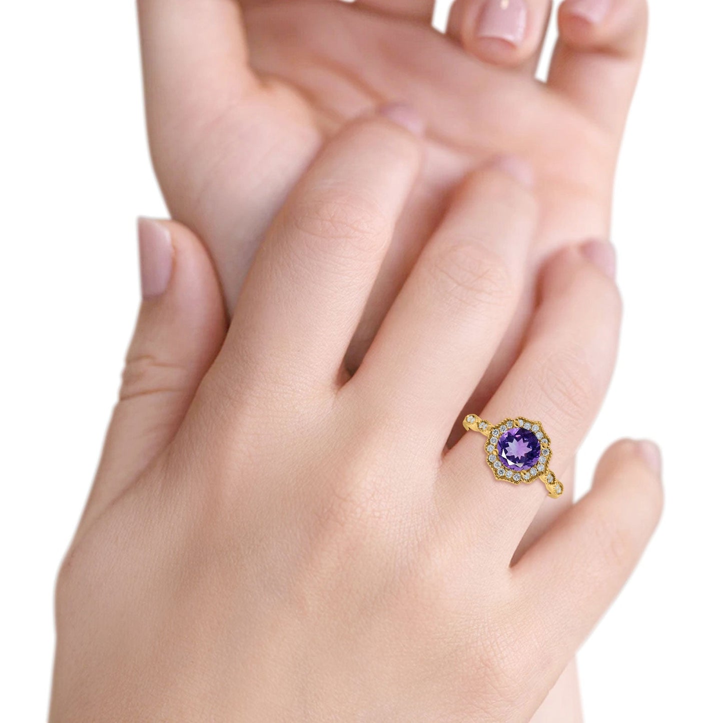 14K Yellow Gold 1.42ct Art Deco Round 7mm G SI Natural Amethyst Diamond Engagement Wedding Ring Size 6.5