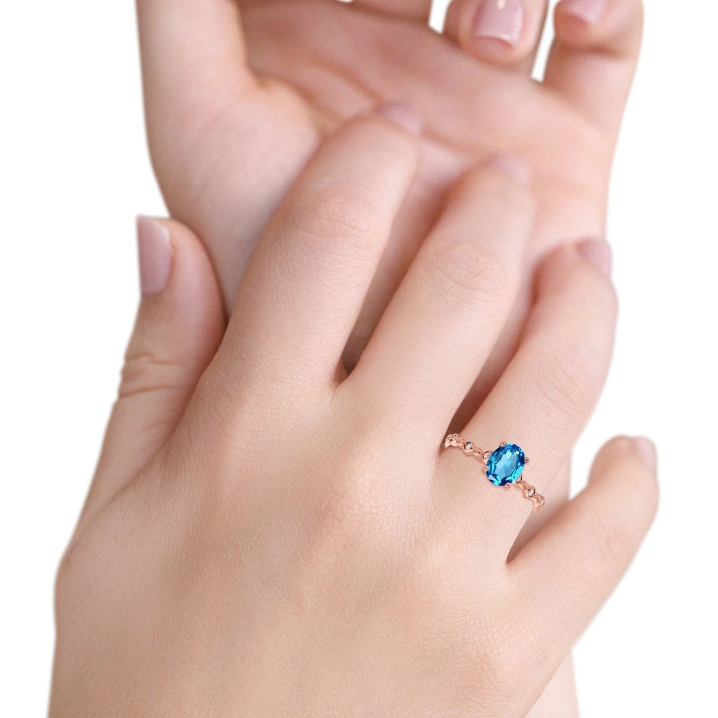 Bague de fiançailles en or rose 14 carats avec topaze bleue suisse naturelle ovale de 1,29 ct et diamant G SI, taille 6,5