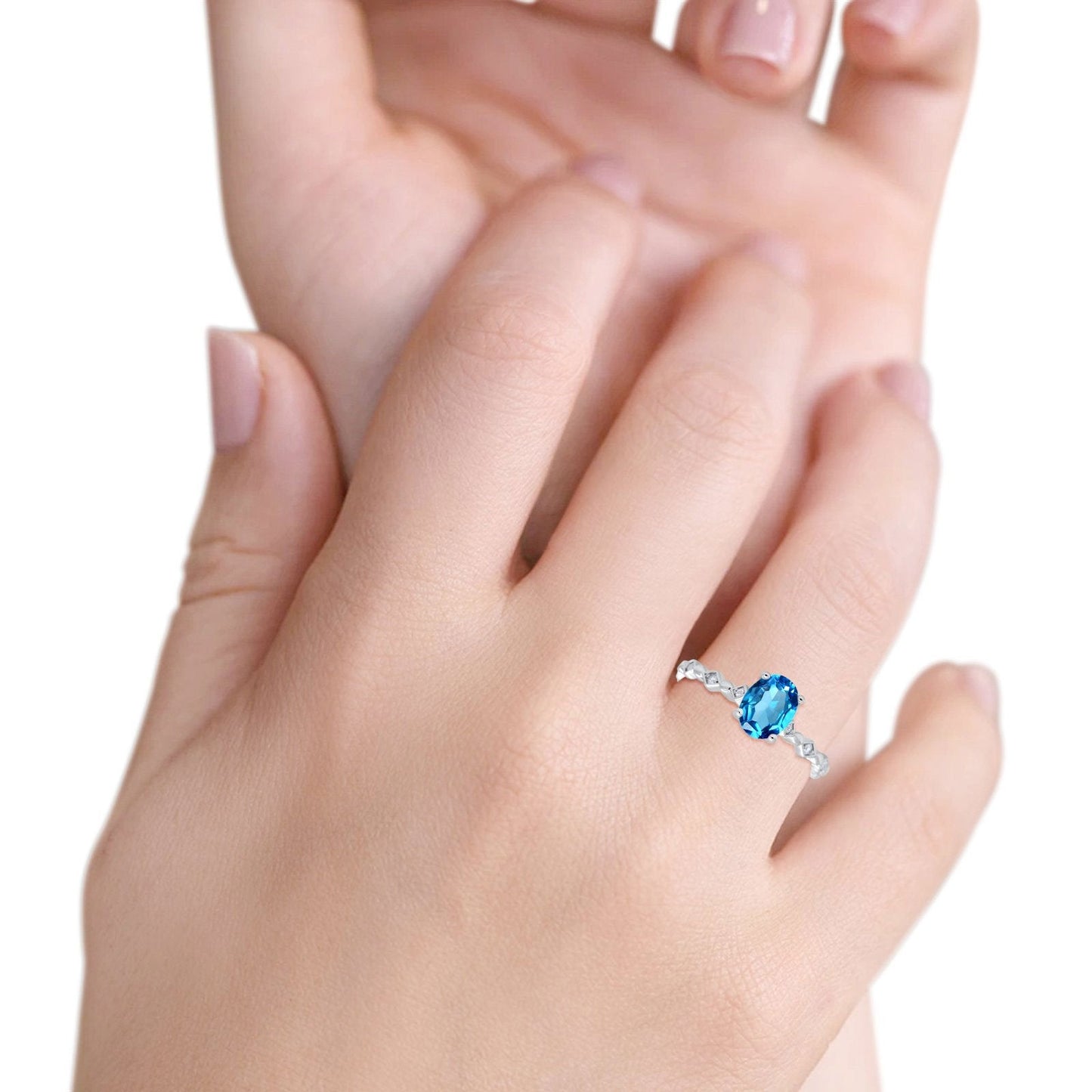 Bague de fiançailles en or blanc 14 carats avec topaze bleue suisse ovale naturelle de 1,29 ct et diamant G SI, taille 6,5