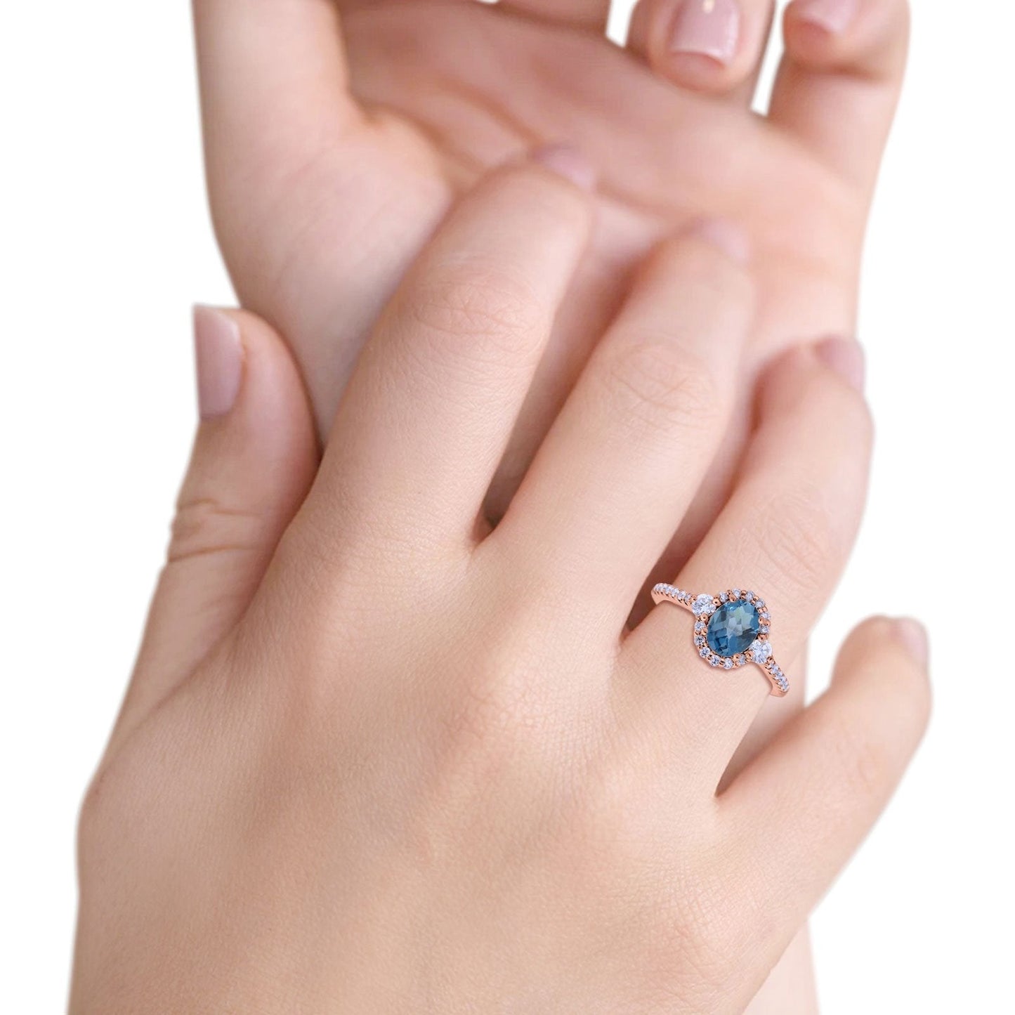 Bague de fiançailles en or rose 14 carats avec topaze bleue de Londres ovale de 1,68 ct et diamant G SI, taille 6,5