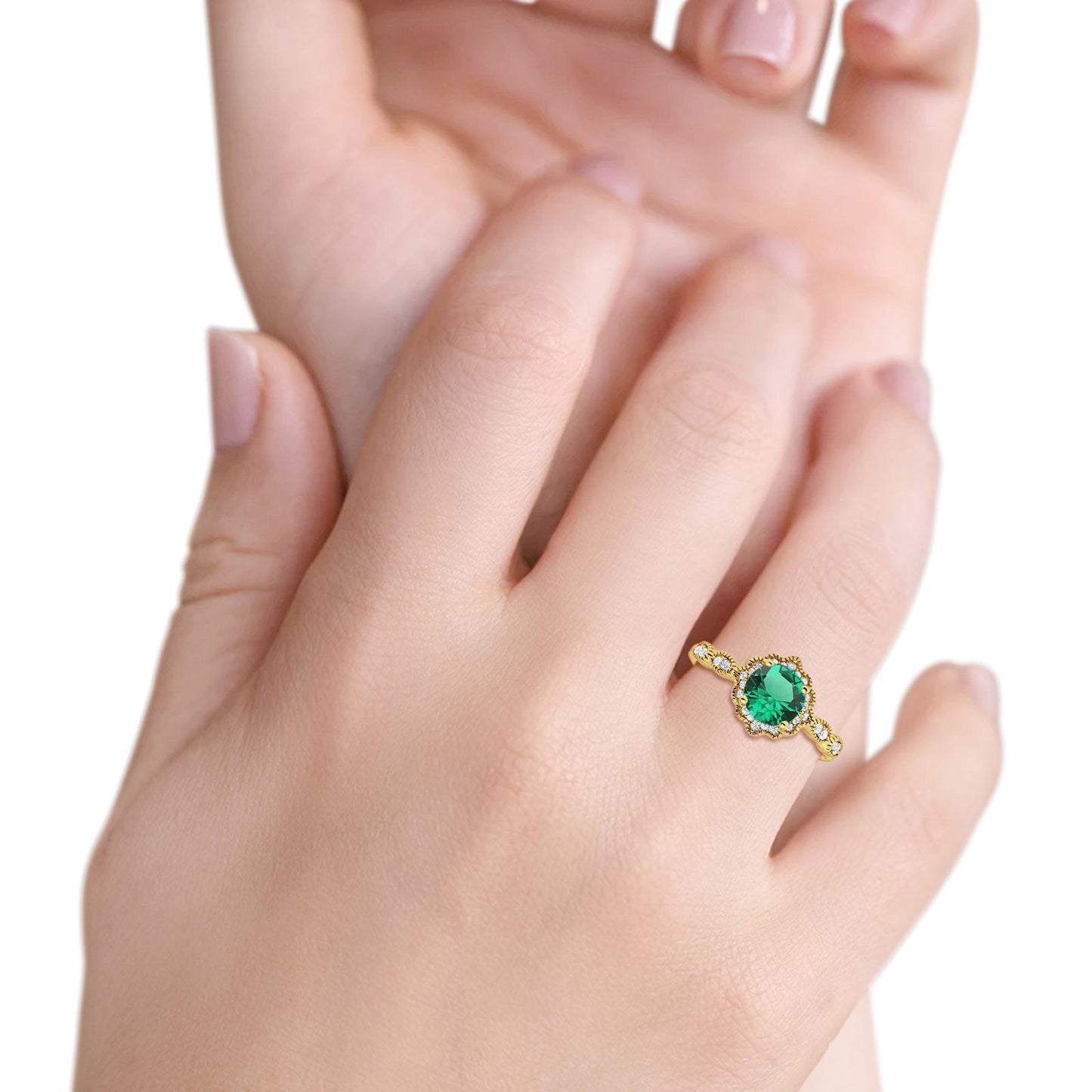 14K Yellow Gold Round Nano Emerald 1.44ct G SI Diamond Engagement Ring Size 6.5