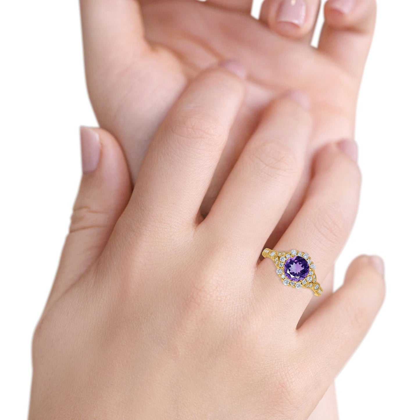 14K Yellow Gold 1.25ct Floral Art Deco Round 6mm G SI Natural Amethyst Diamond Engagement Wedding Ring Size 6.5