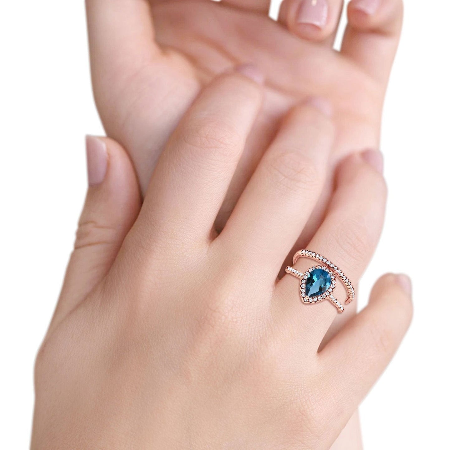 Bague de fiançailles en or rose 14 carats avec topaze bleue de Londres de 8 mm x 6 mm et diamant en forme de poire de 1,62 ct, taille 6,5