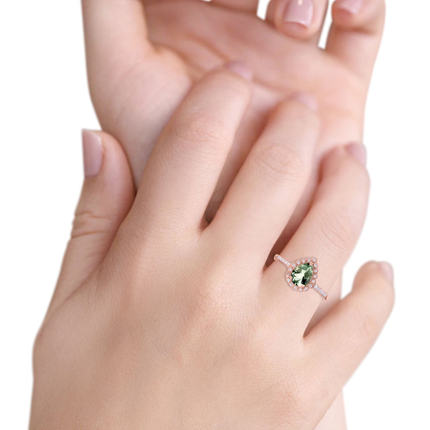 Bague de fiançailles en or rose 14 carats 1,42 ct en forme de larme avec halo en forme de poire 8 mm x 6 mm G SI avec améthyste verte naturelle et diamant, taille 6,5