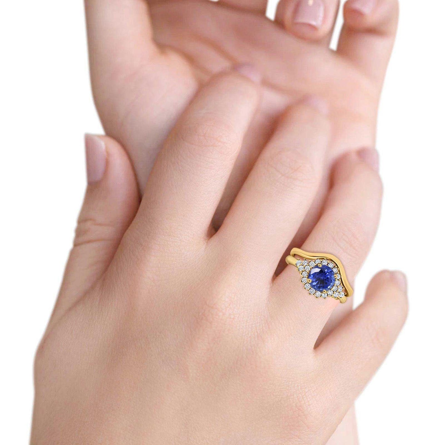 14K Yellow Gold 1.59ct Round Two Piece Halo 7mm G SI Nano Blue Sapphire Diamond Engagement Wedding Ring Size 6.5