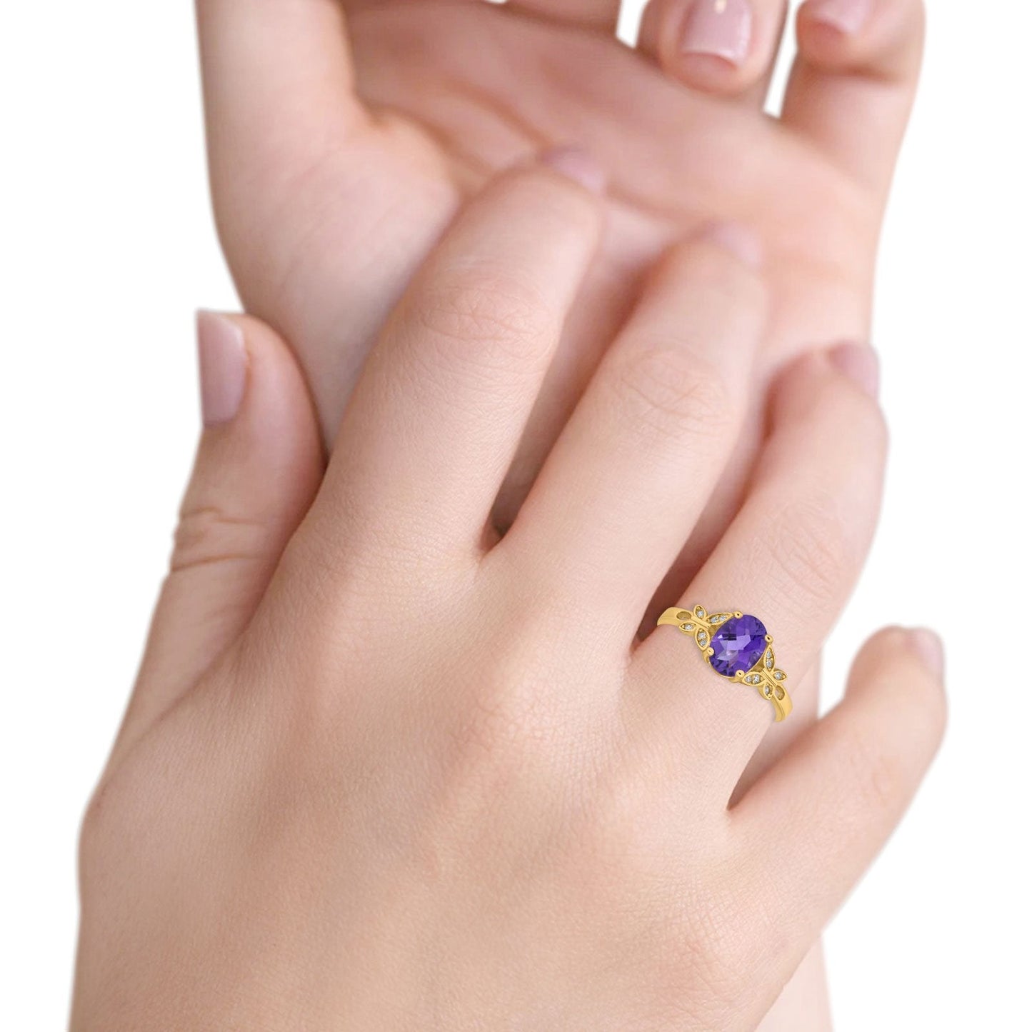 14K Yellow Gold 1.27ct Oval 8mmx6mm Butterfly Accent G SI Natural Amethyst Diamond Engagement Wedding Ring Size 6.5