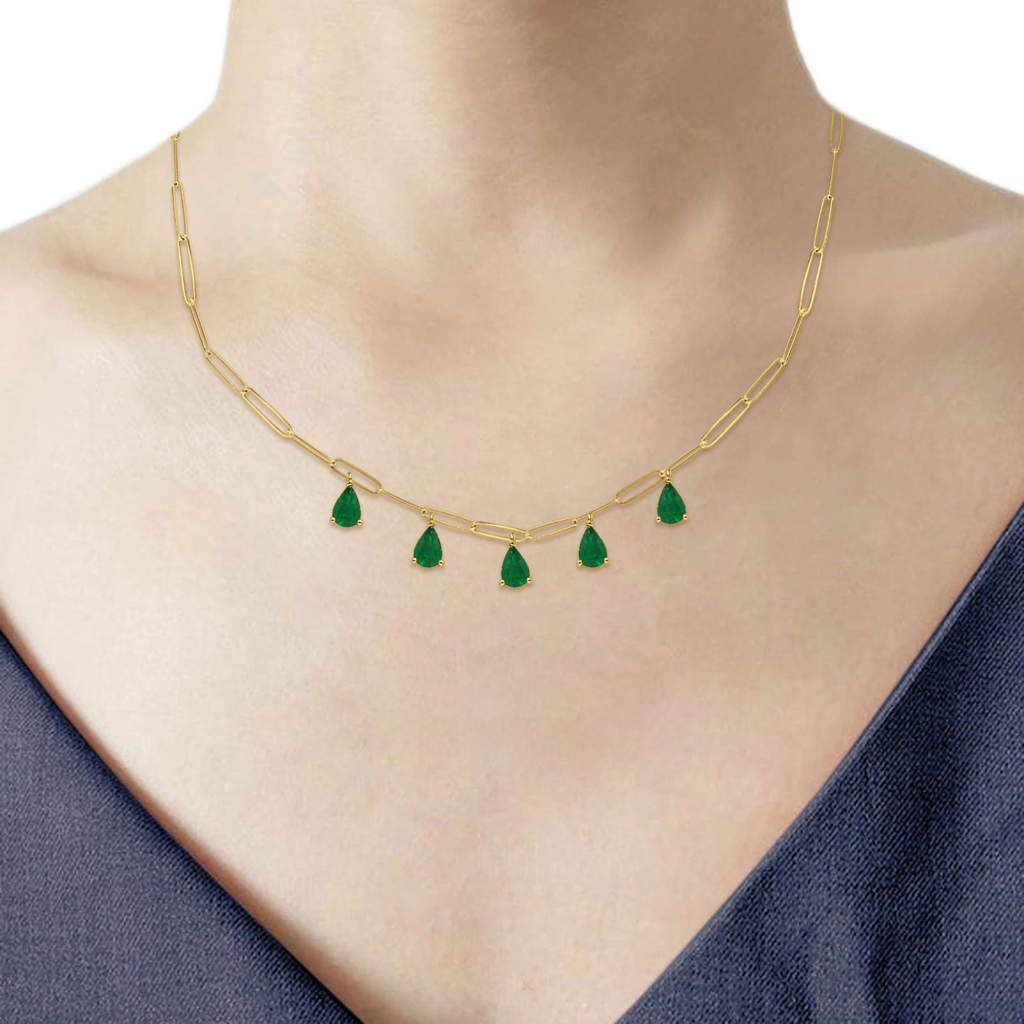 14K Yellow Gold 1.65ct Green Emerald Five Pear Pendant Paperclip Chain Necklace 16 Inch Long