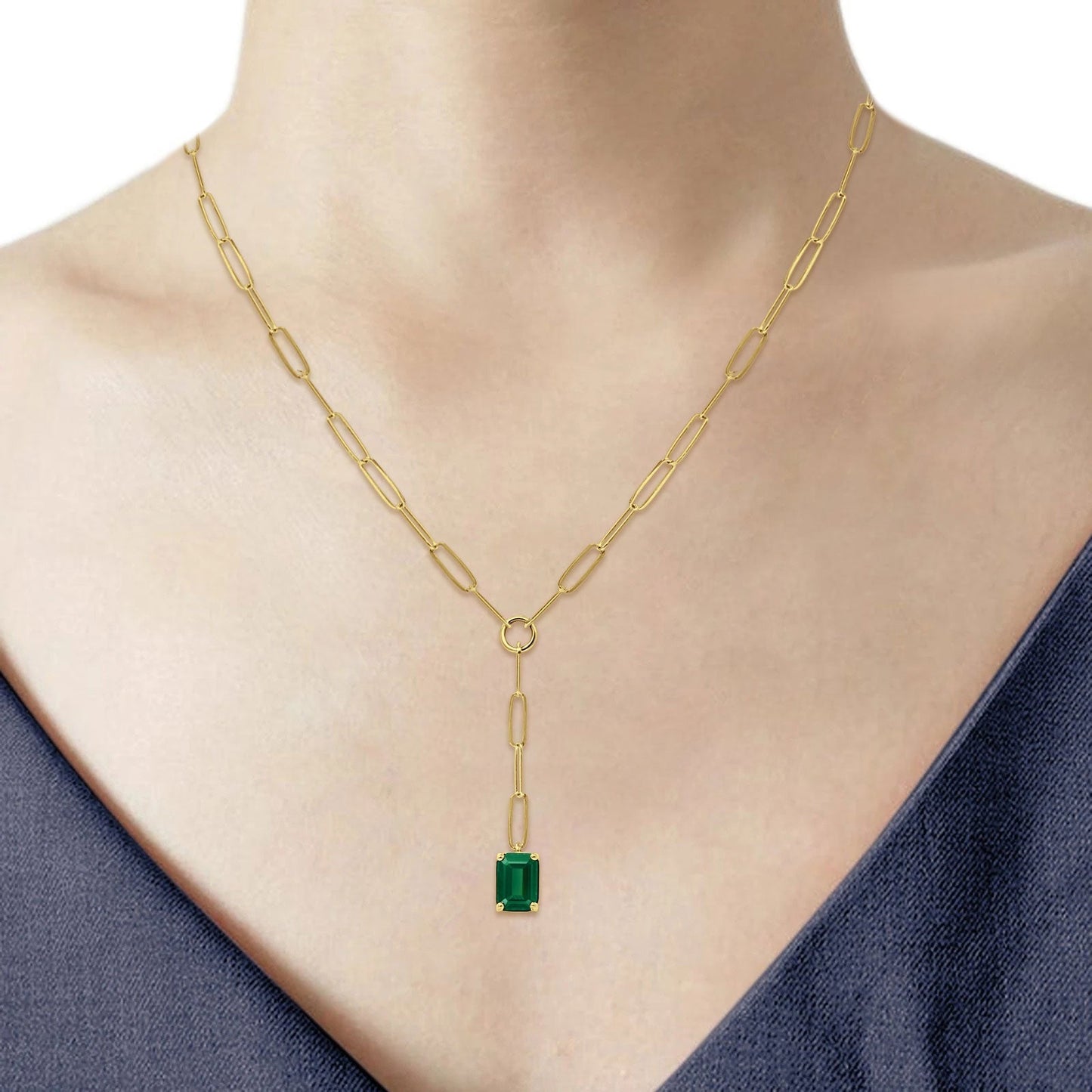 14K Yellow Gold 0.95ct Emerald Cut Pendant Green Emerald Paperclip Chain Necklace 16" Long