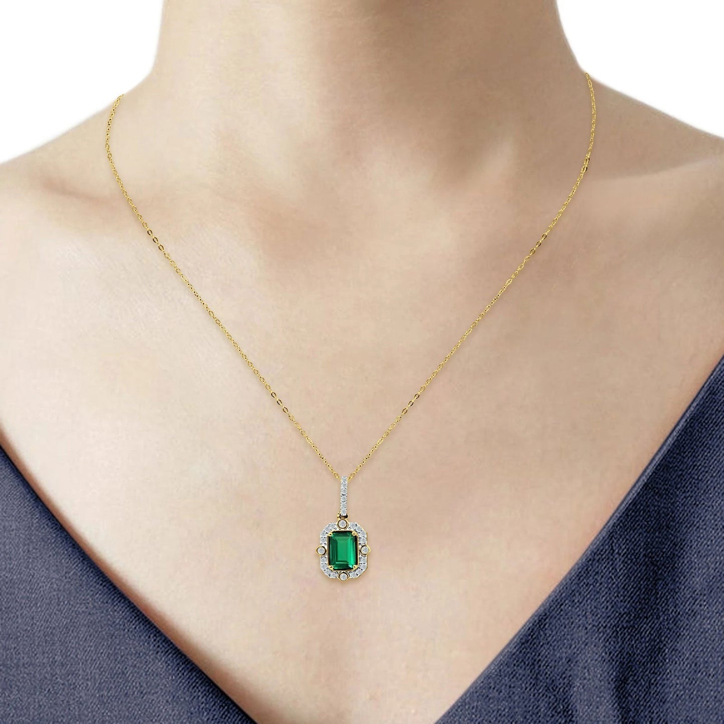 14K Yellow Gold 0.18ct Natural Emerald & Diamond Halo Solitaire Pendant Necklace 18" Long